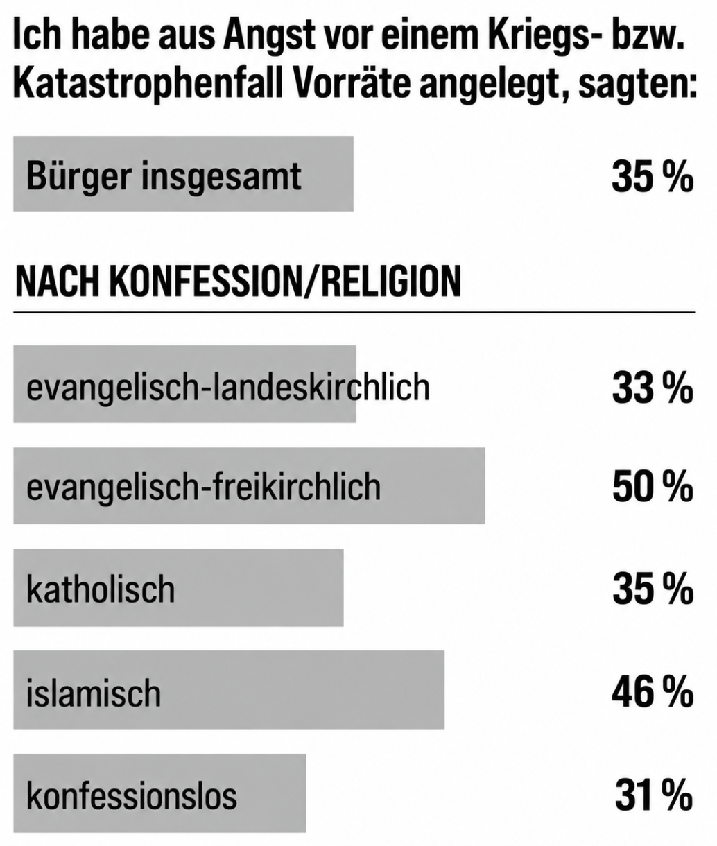 Grafik zu angelegten Vorräten aus Angst vor Krieg oder Katastrophen, aufgeschlüsselt nach Religionszugehörigkeit.